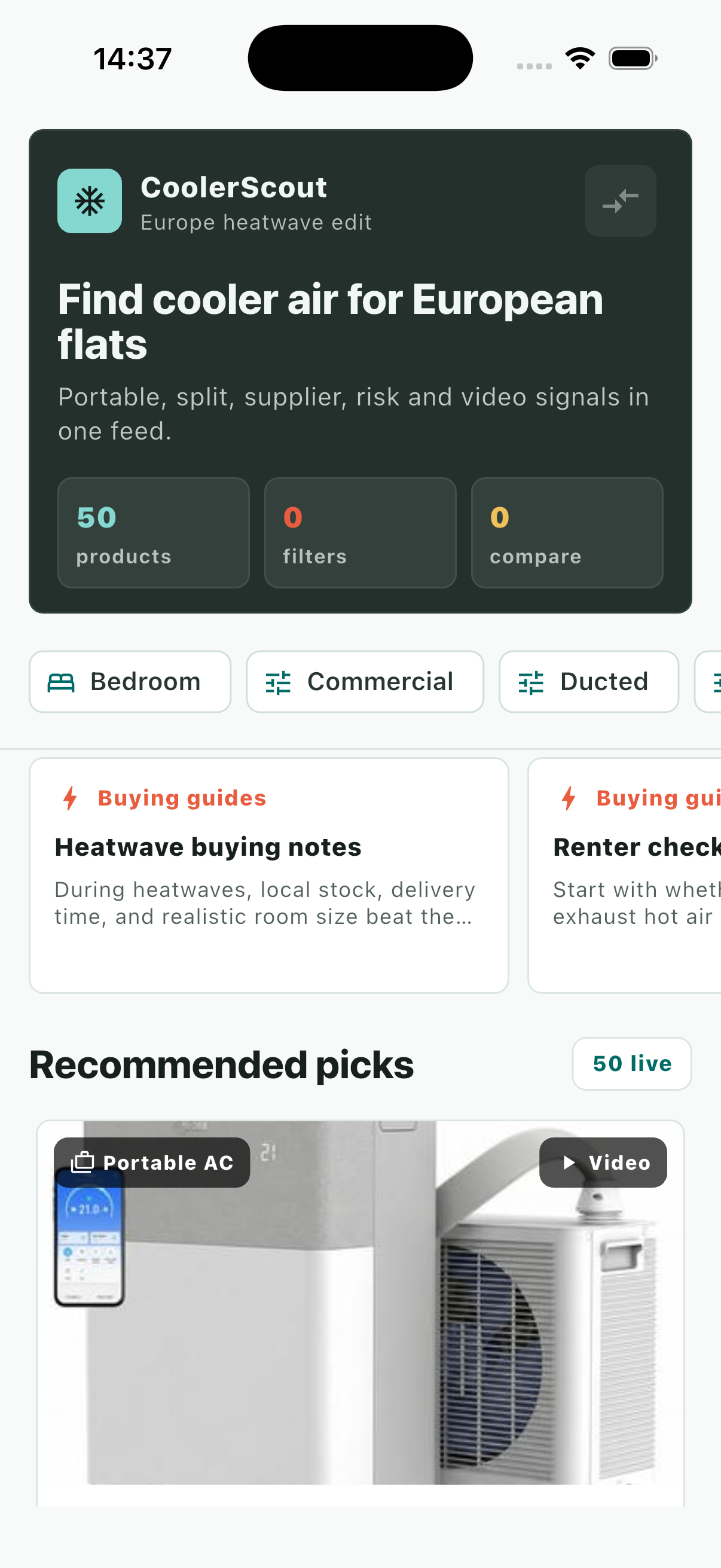CoolerScout app showing 50 live air-conditioner products